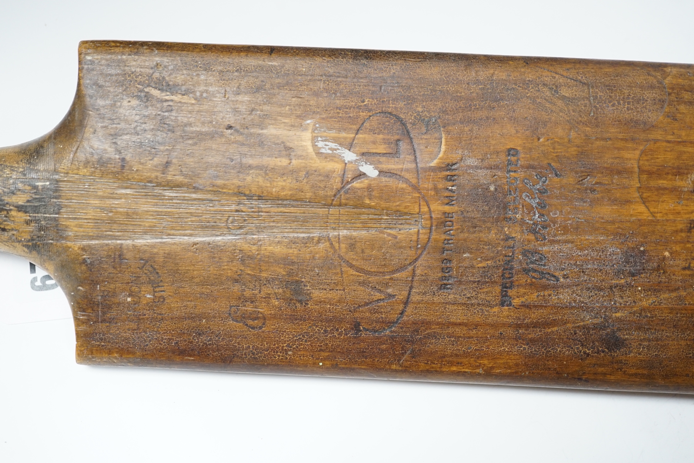 A Jack Hobbs related cricket bat and related hand written letter; the letter mentions the donation of the cricket bat to the Rev. E. H. Smith (photograph of Smith and his family also included), the letter is handwritten